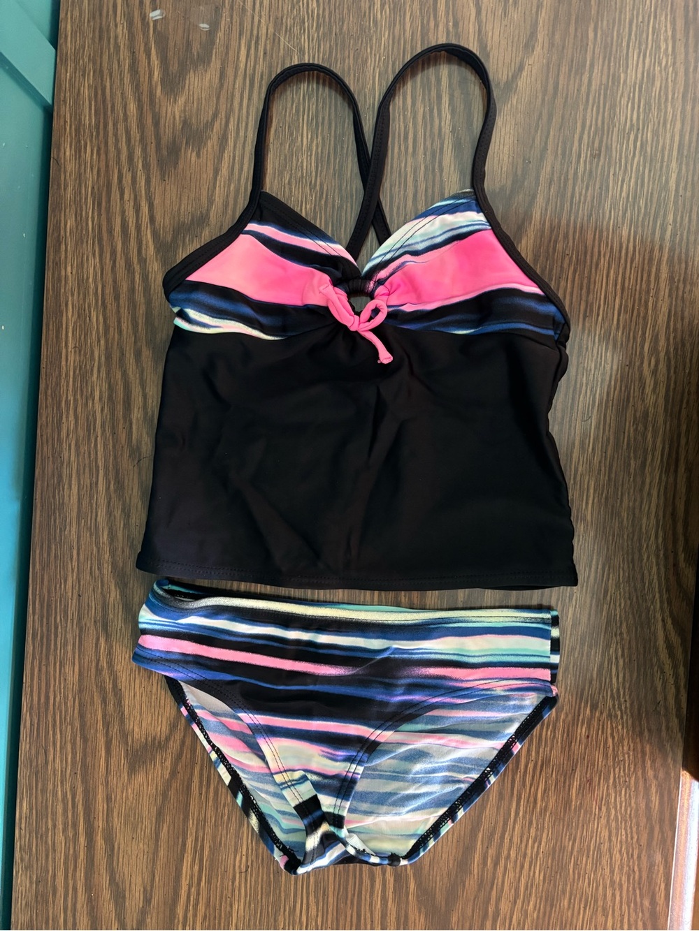 Joe Boxer Black Tankini with Pink, Blue & Mint Stripes